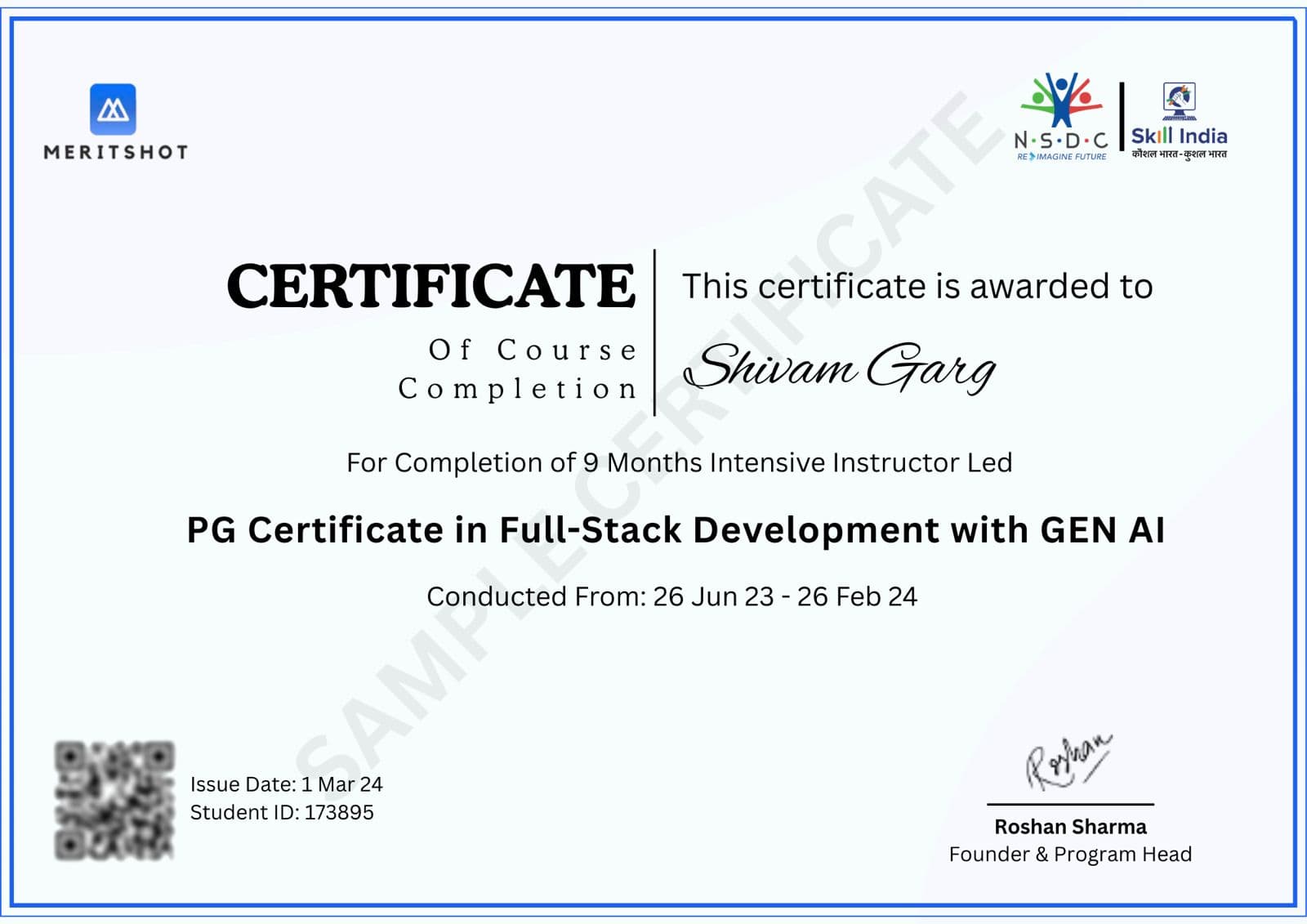 Meritshot Program Certificate