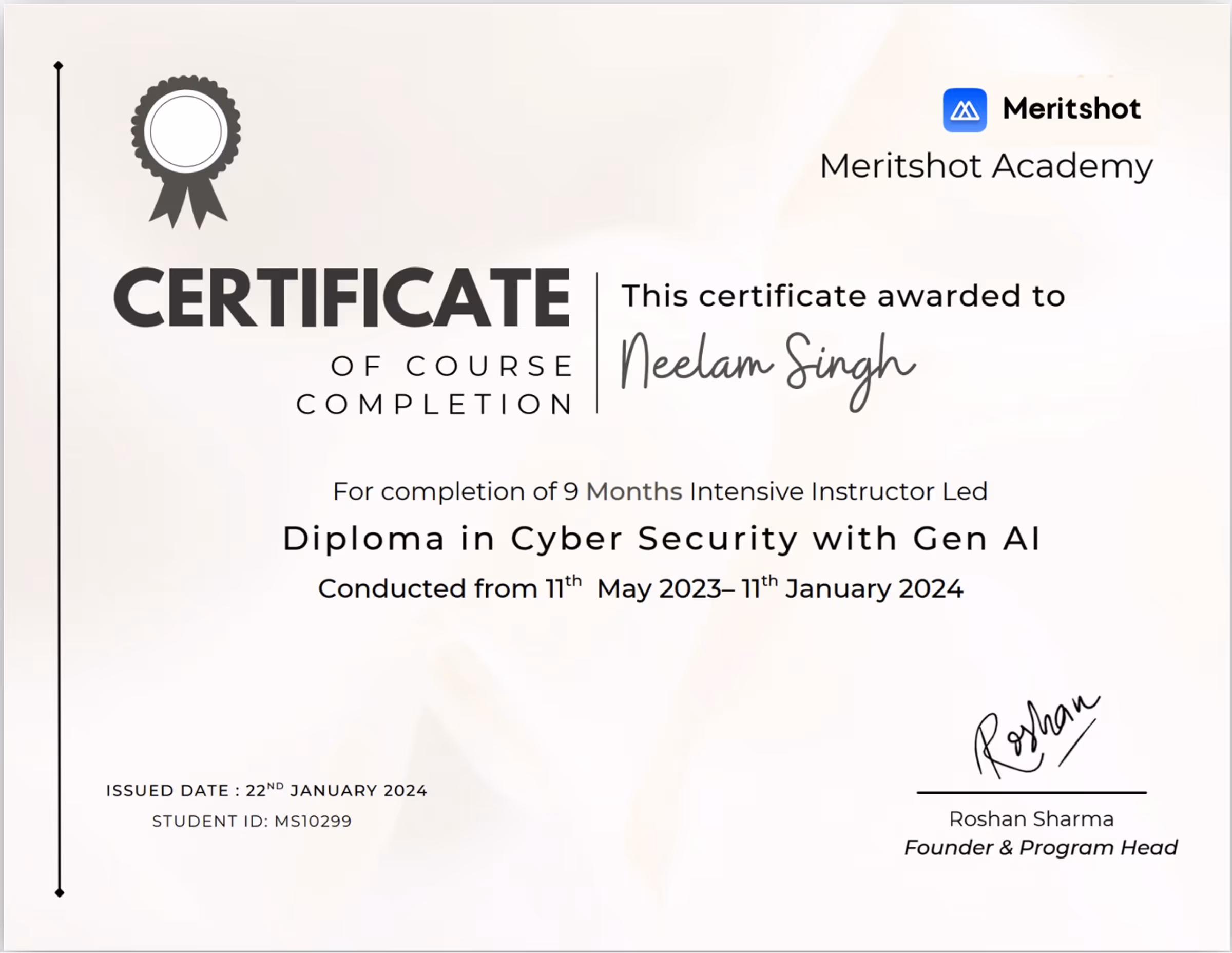 Meritshot Program Completion Certificate