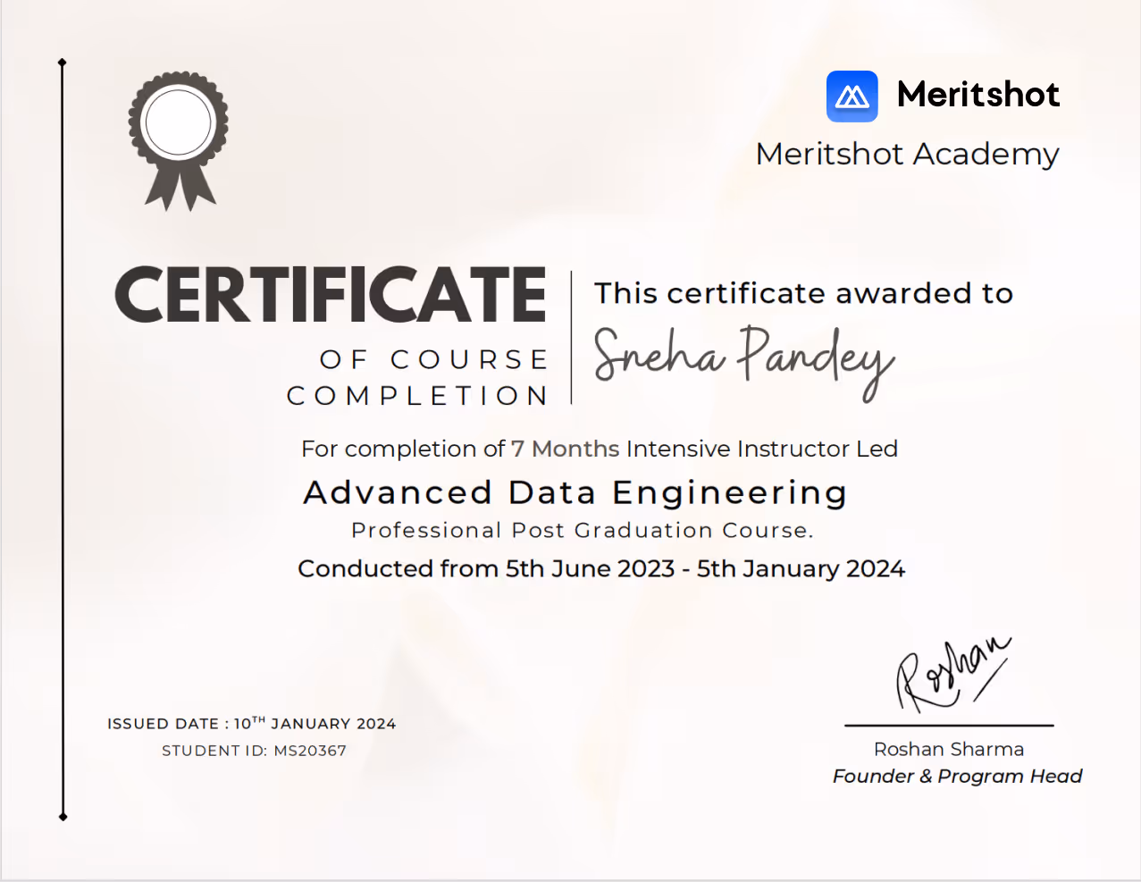 Sample Meritshot certificate of course completion for Advanced Data Engineering