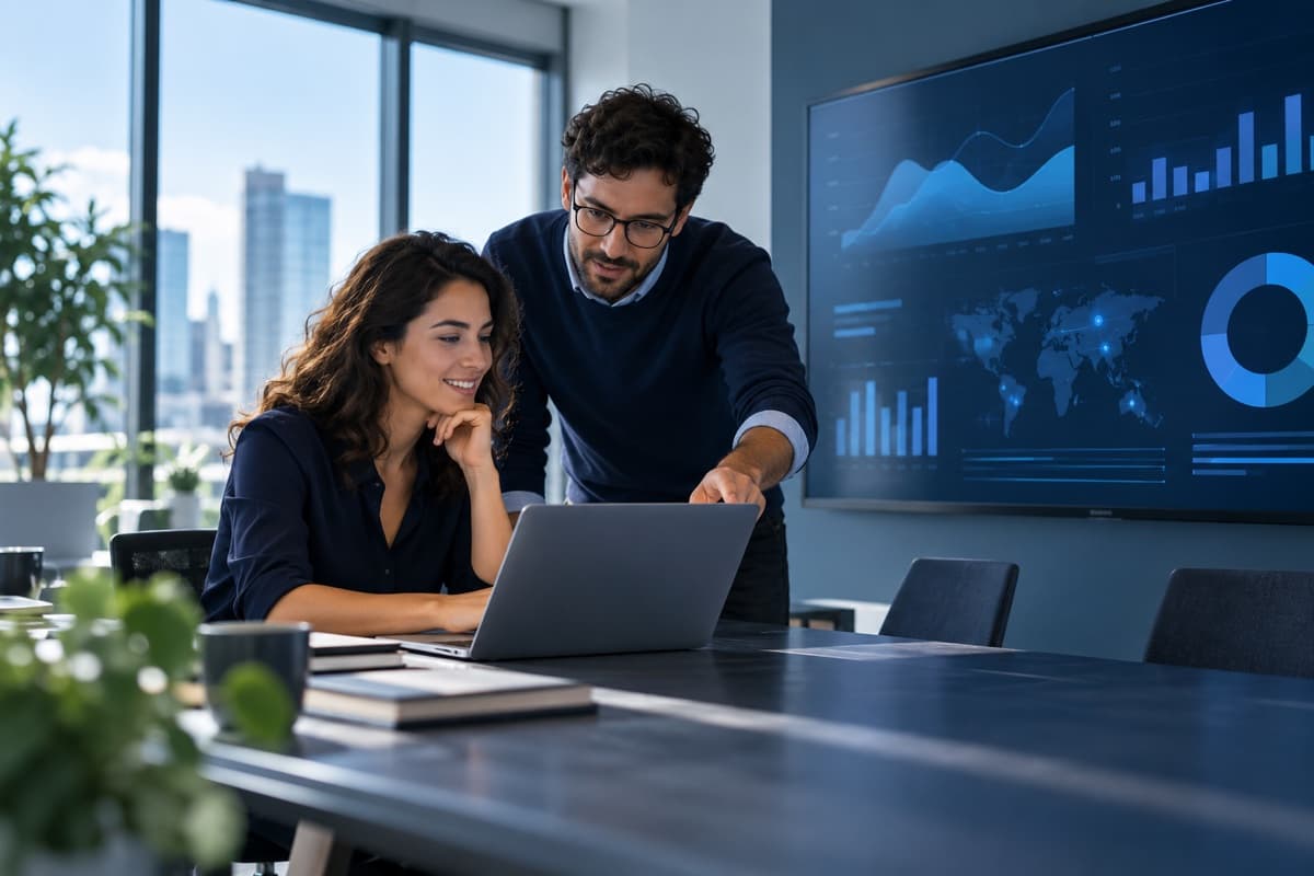 Illustrative analysts collaborating over a data dashboard
