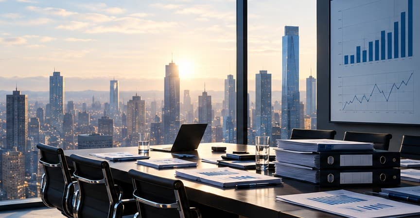 Illustrative buyout documents on an investment banking boardroom table