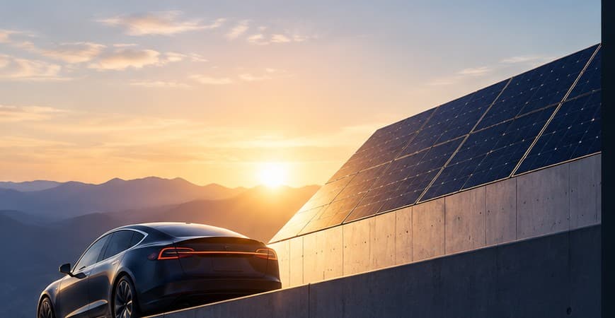 Illustrative electric car beside a solar-panel installation