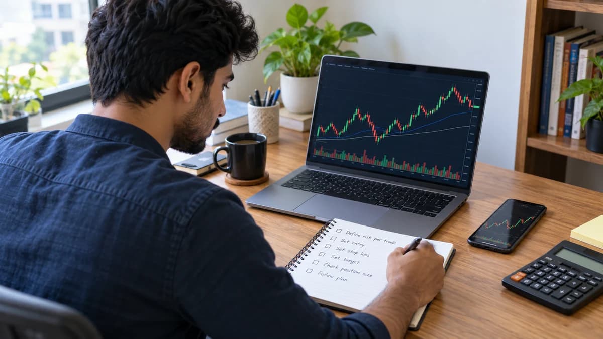 A beginner writing a risk checklist before reviewing a stock trade