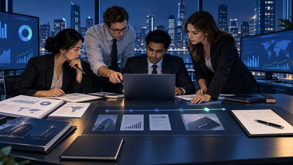 An investment banking deal team reviewing financial statements, valuation charts and transaction documents