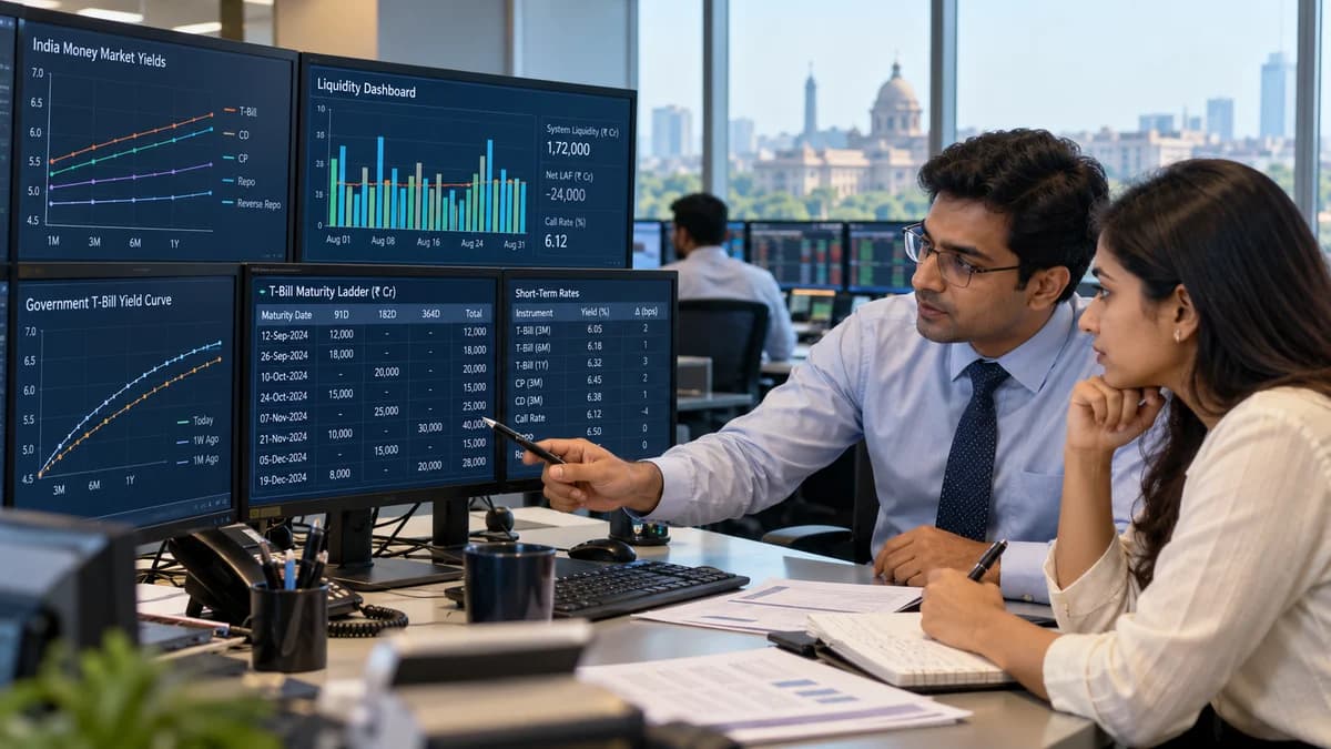 Indian treasury analysts reviewing short-term yields and a Treasury Bill maturity ladder