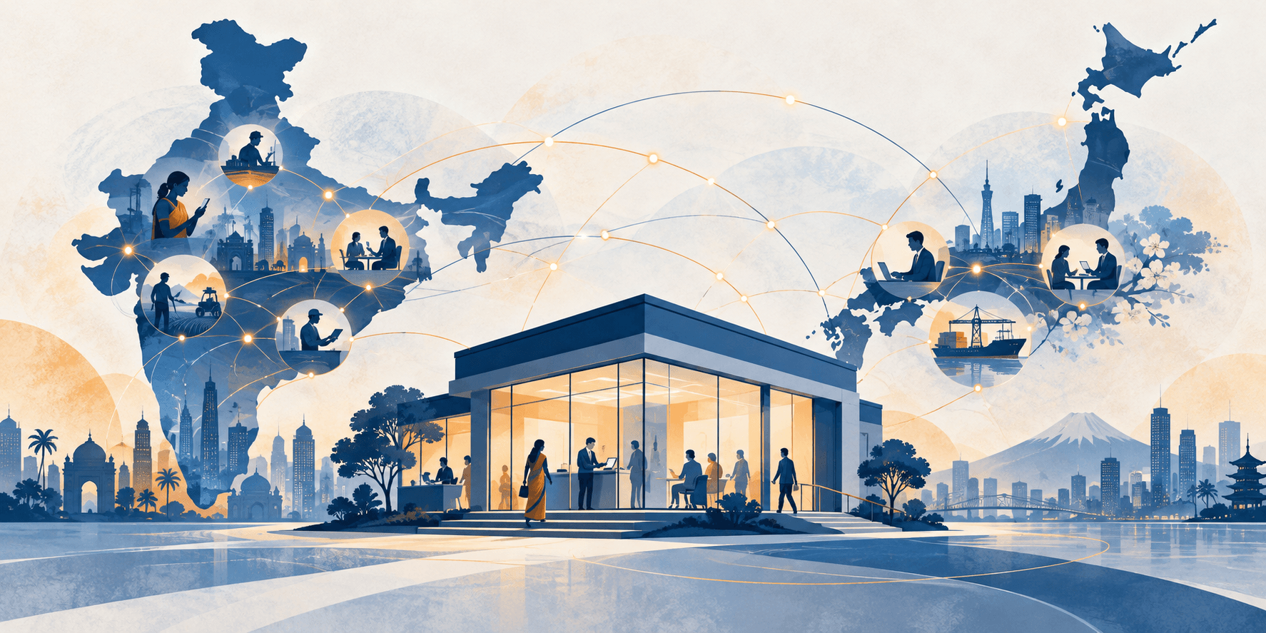 Editorial illustration of a banking network connecting India and Japan through a central bank branch