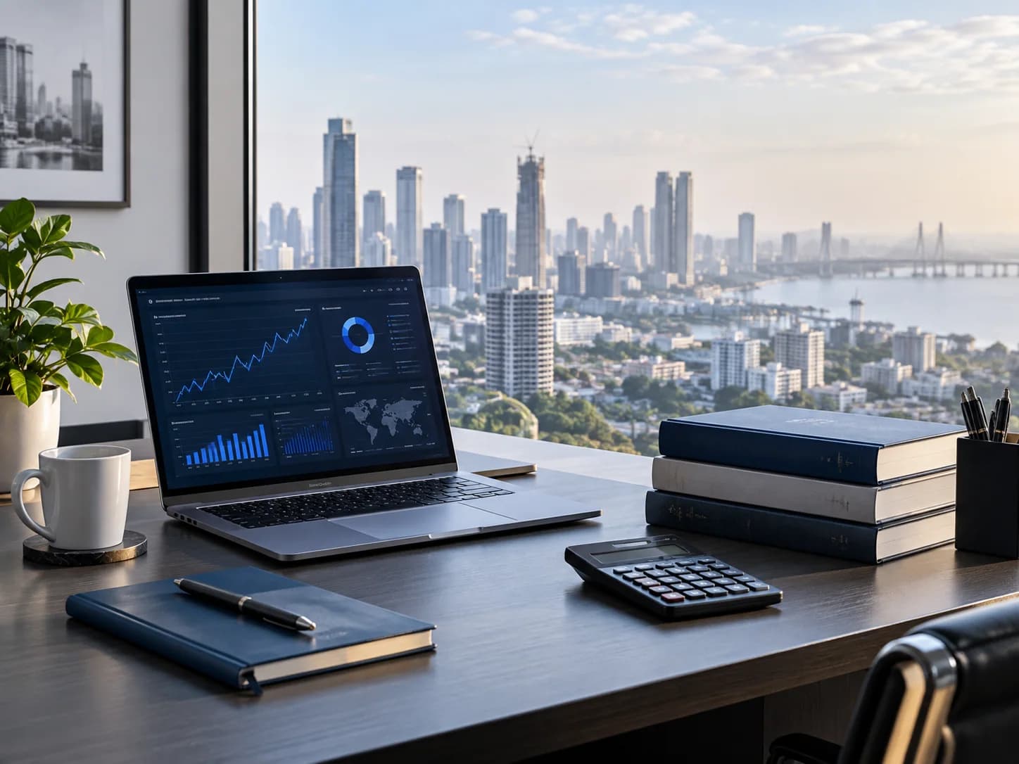 Finance learning workspace overlooking an Indian city skyline