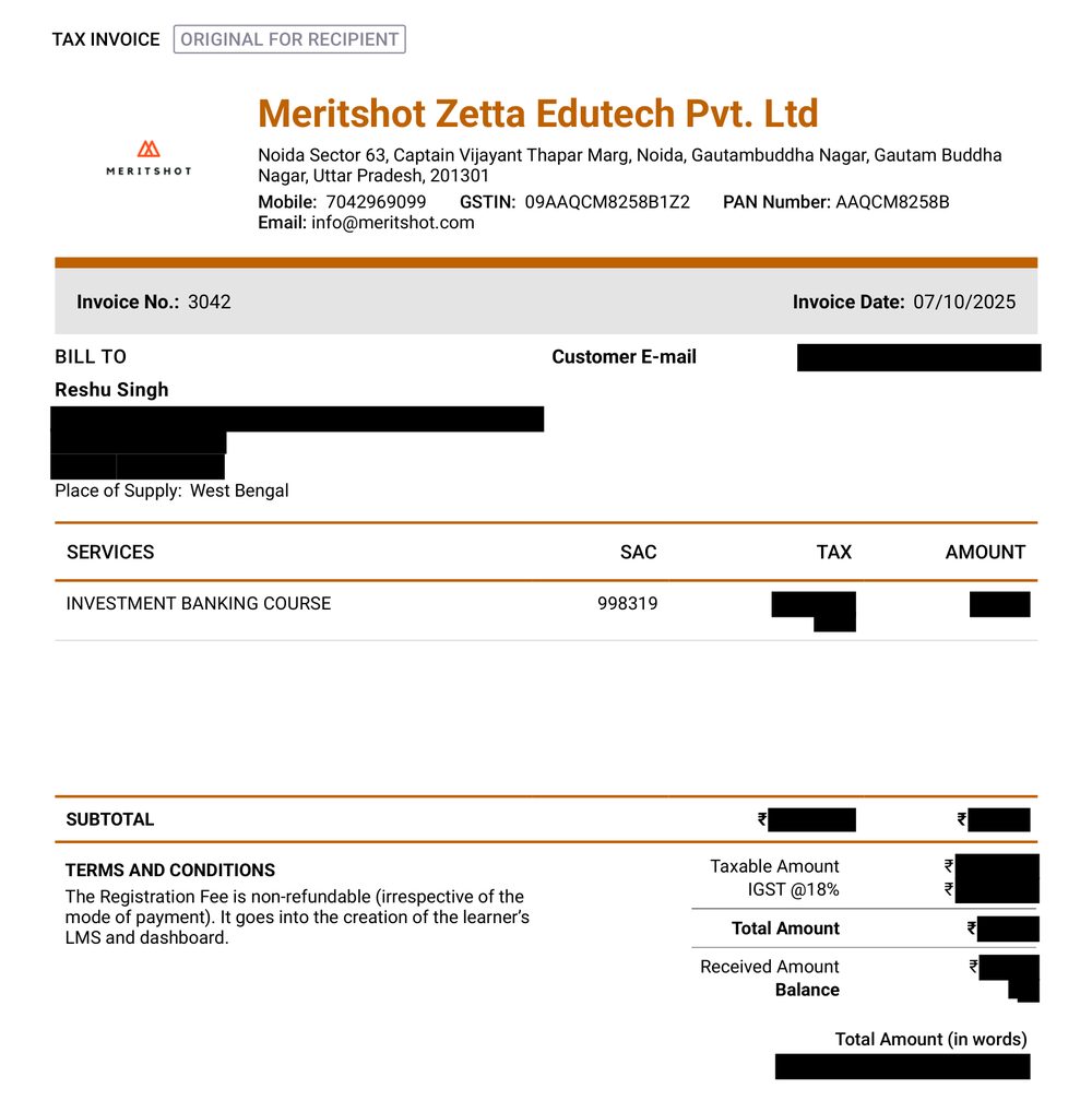 Tax invoice 3042 from Meritshot Zetta Edutech dated 7 October 2025 to Reshu Singh for the Investment Banking Course, with personal contact details and amounts redacted