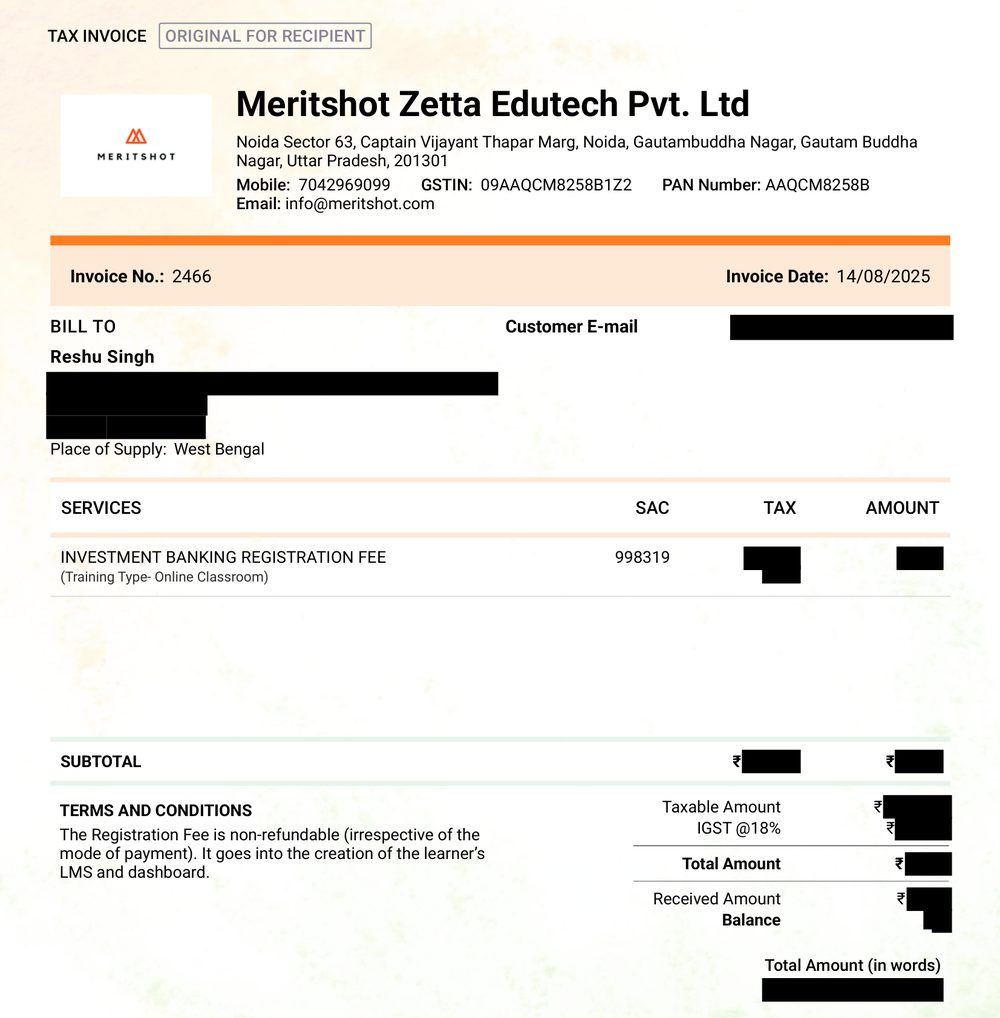 Tax invoice 2466 from Meritshot Zetta Edutech dated 14 August 2025 to Reshu Singh for the Investment Banking registration fee, with personal contact details and amounts redacted